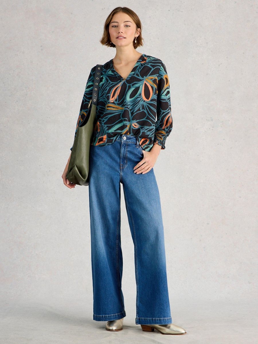 Abstrakte V-Ausschnitt Bluse mit Print
