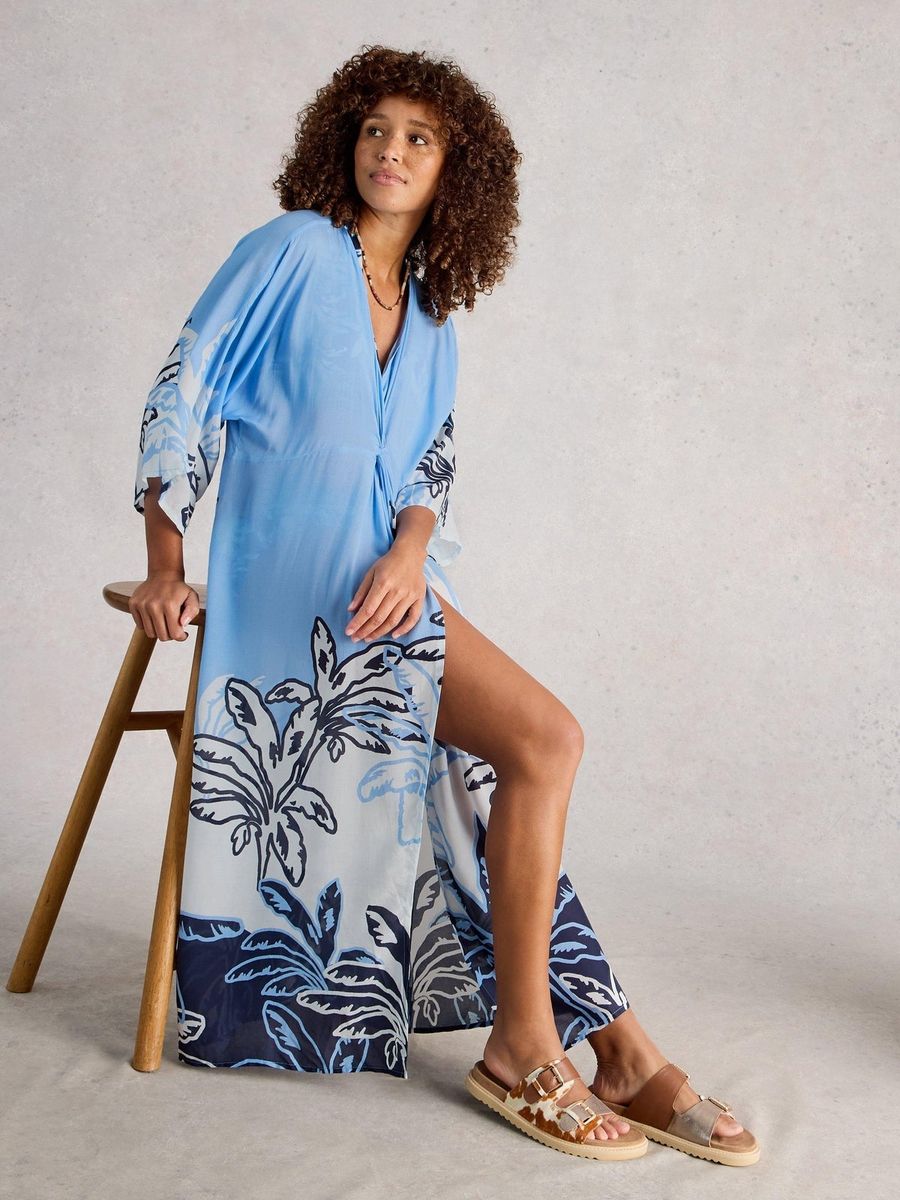 Maxi-Strandkimono mit tropischem Print