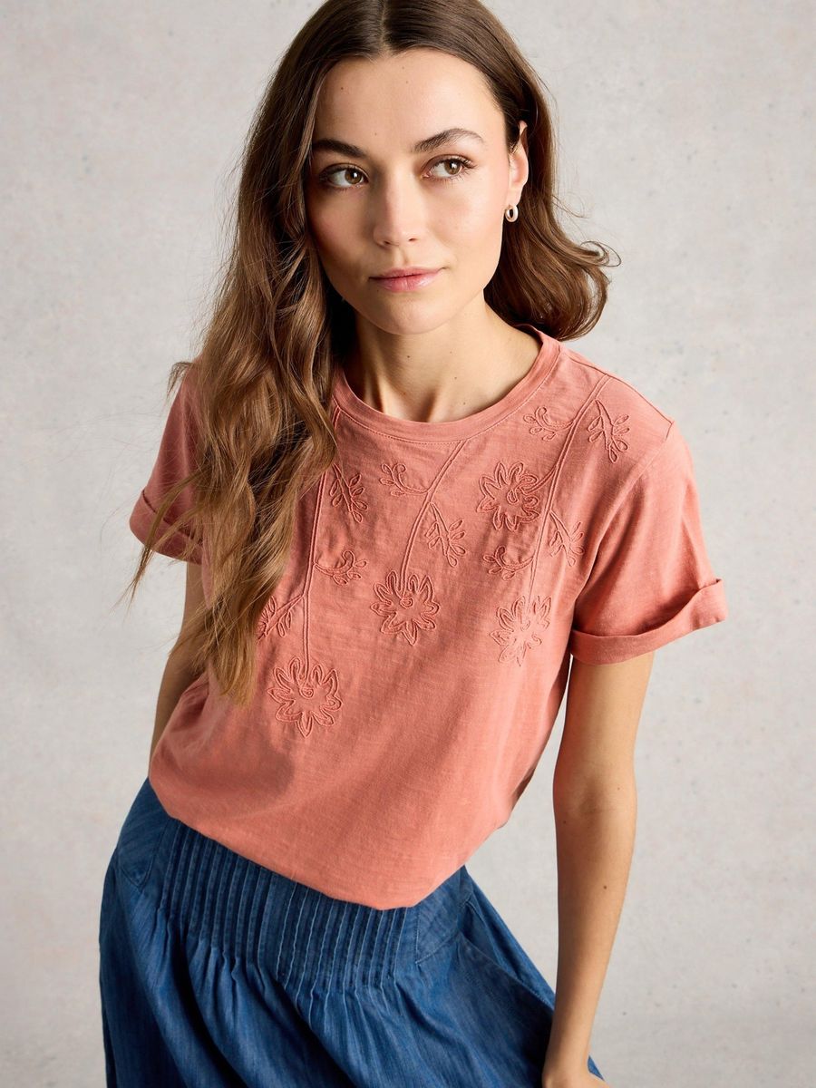 Besticktes Baumwoll-T-Shirt mit Blumenmuster