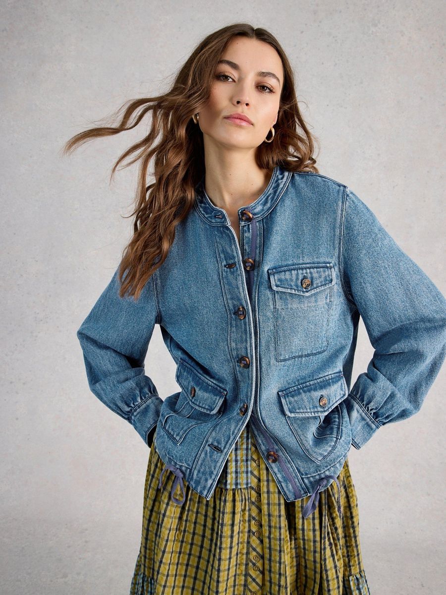 Kragenlose Jeansjacke mit Taschen