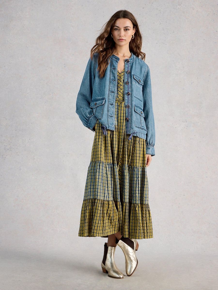 Kragenlose Jeansjacke mit Taschen