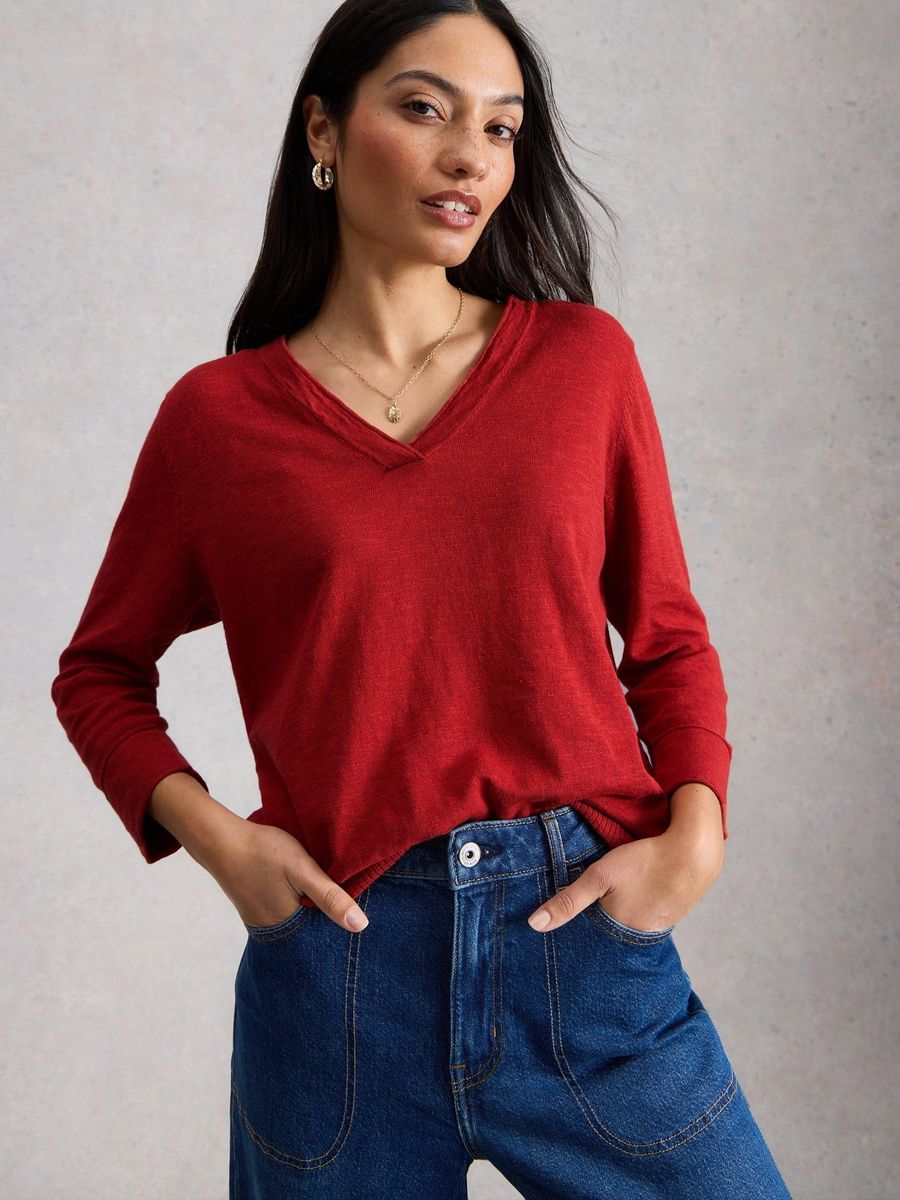 Langarmshirt mit V-Ausschnitt aus Leinenmischung