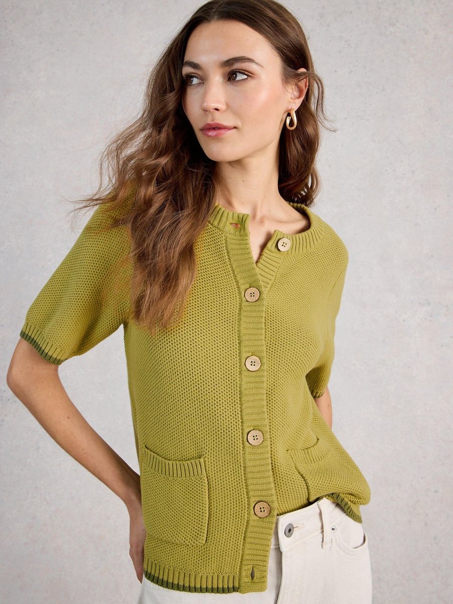 Gestreifte Kurzarm-Strickjacke aus Baumwolle