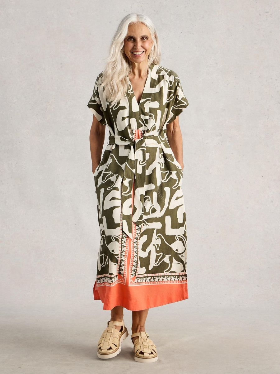 Bedrucktes Hemdkleid aus Leinenmischung