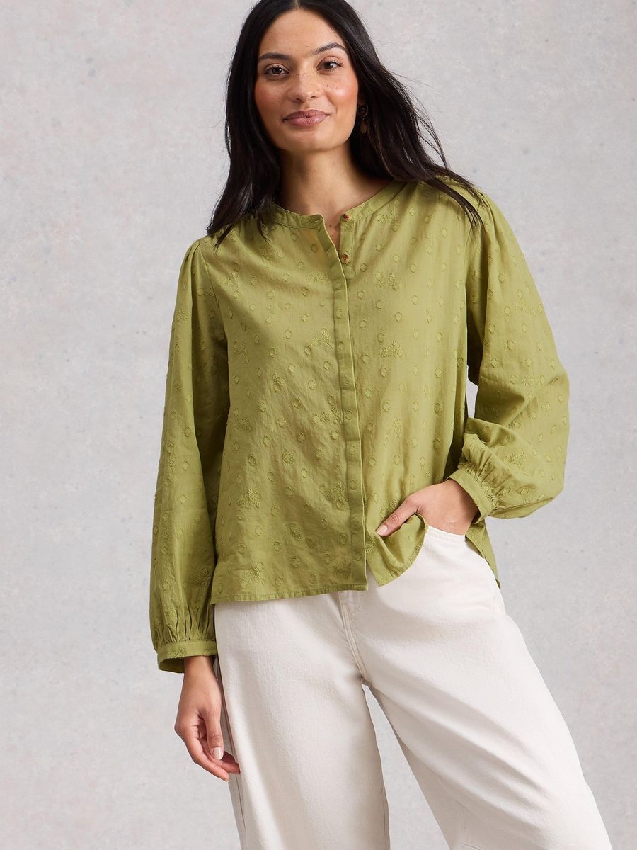 Baumwollbluse mit Textur und langen Ärmeln