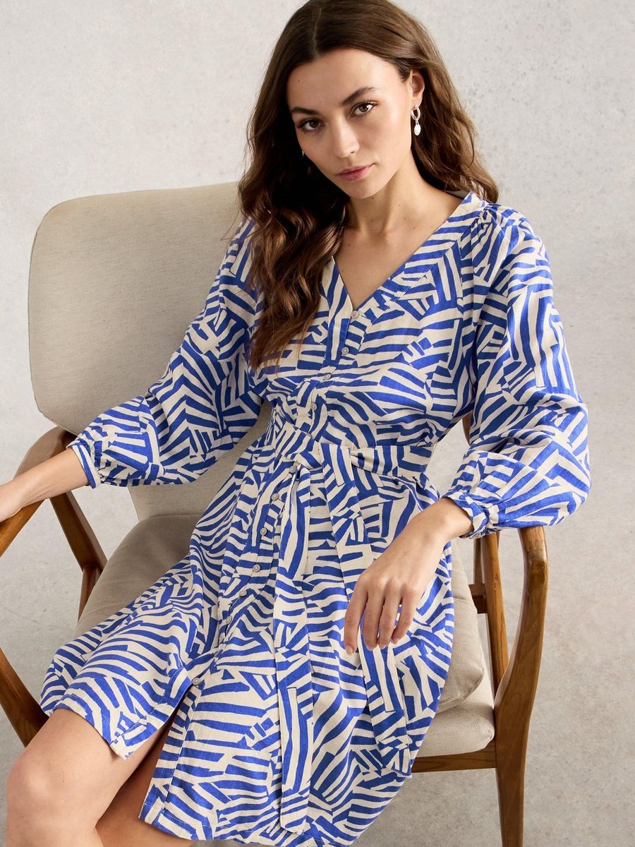 Gürtelkleid aus Leinenmischung mit Print