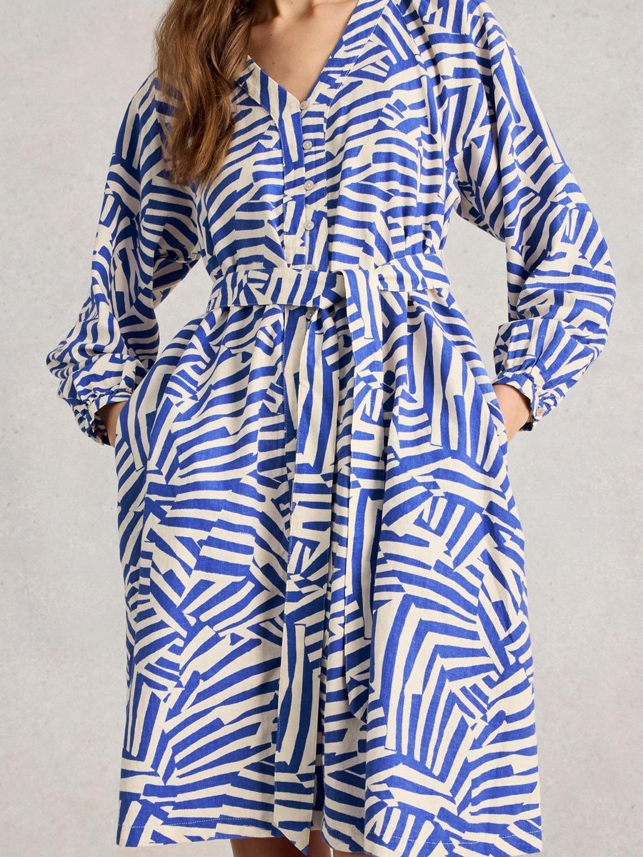 Gürtelkleid aus Leinenmischung mit Print