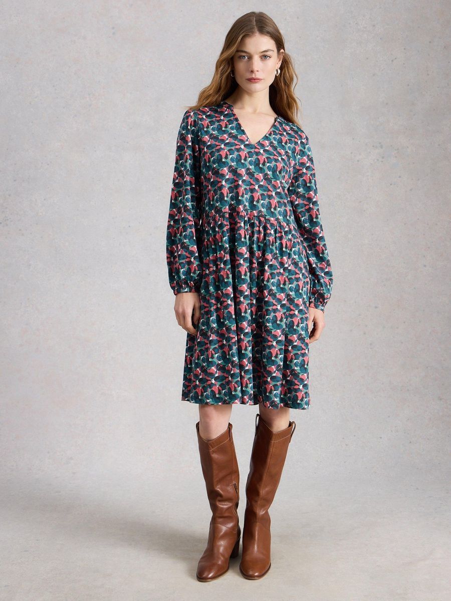 Fließendes Jerseykleid mit Print und V-Ausschnitt