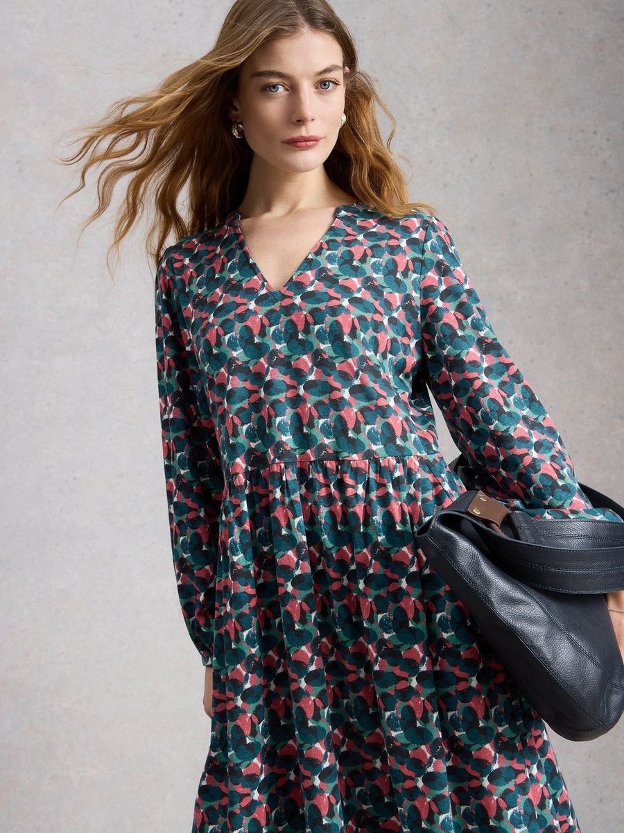 Fließendes Jerseykleid mit Print und V-Ausschnitt