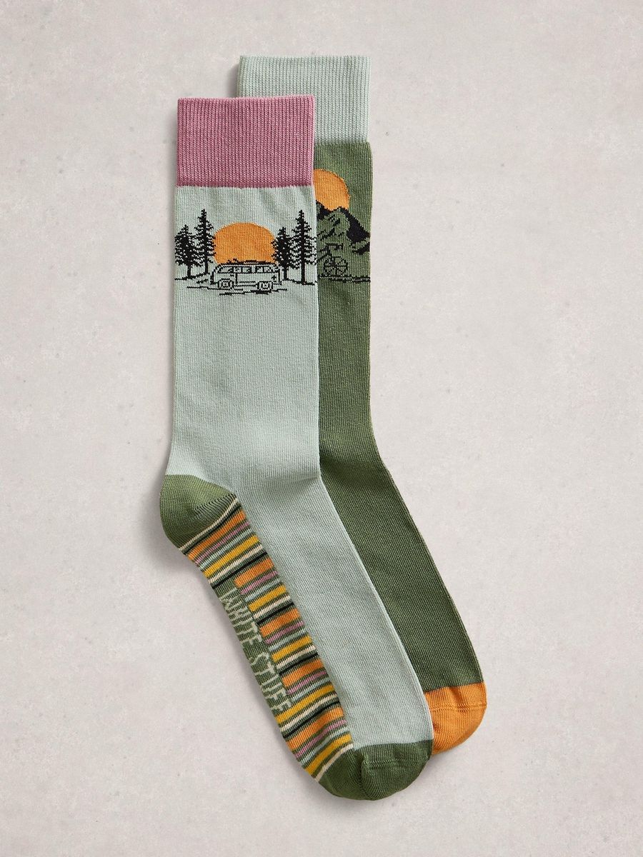 Socken mit Sonnenuntergang und Campervan
