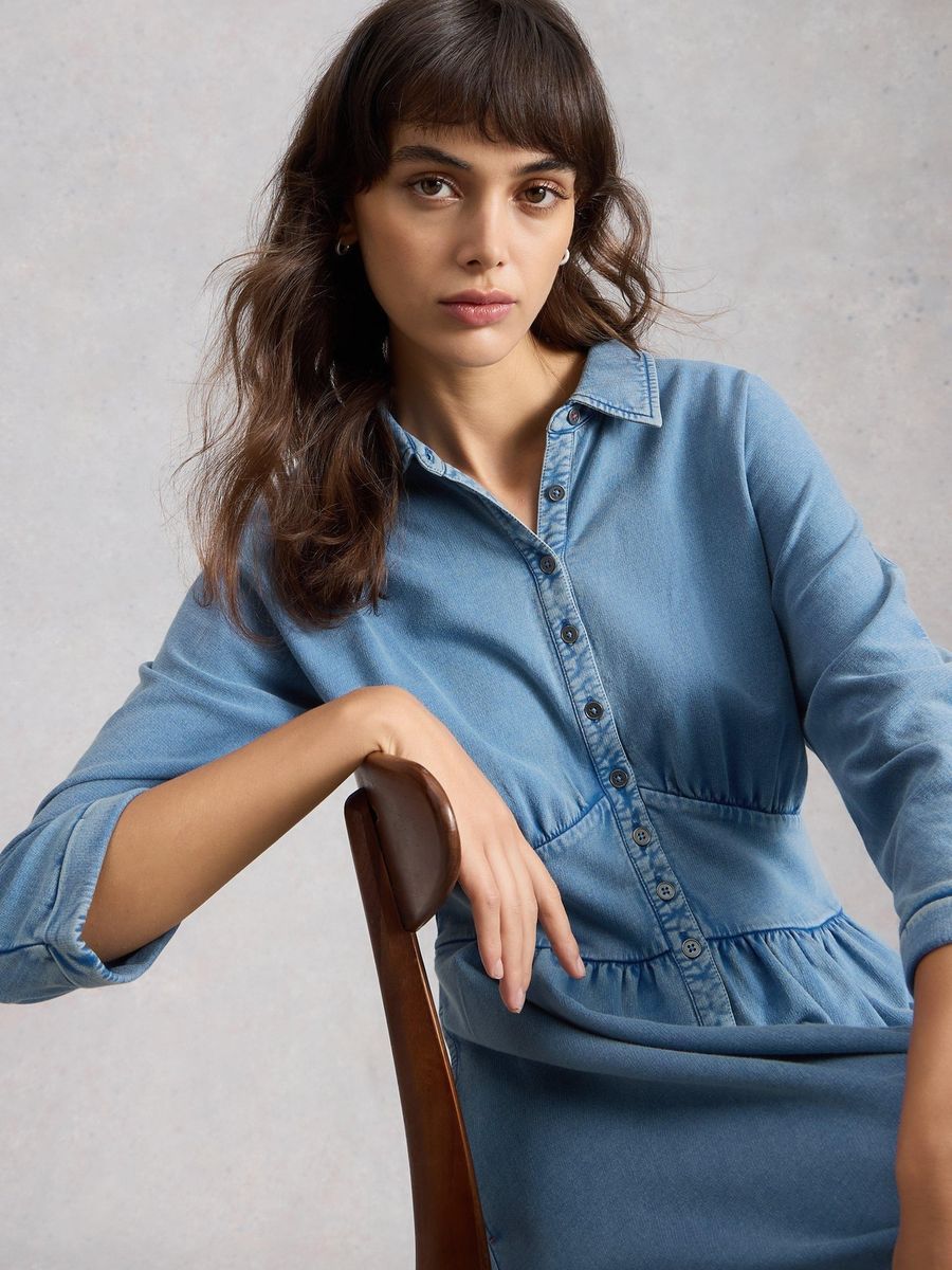 Jeans Jersey Hemdblusenkleid mit Rüschen