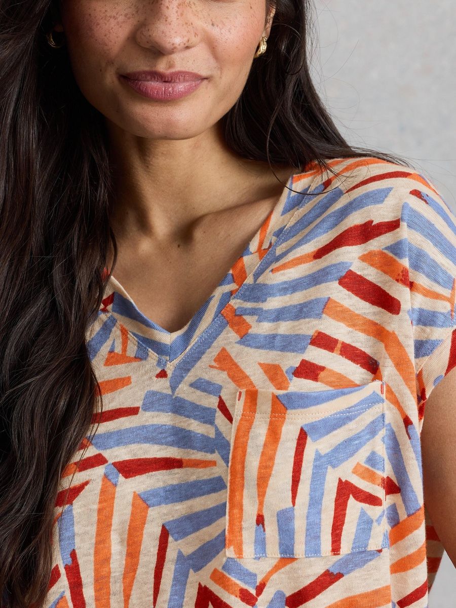 Leinen-T-Shirt mit V-Ausschnitt und Print