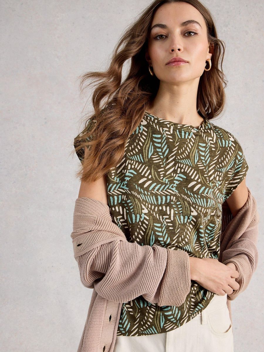 Leinen T-Shirt mit Blattmuster