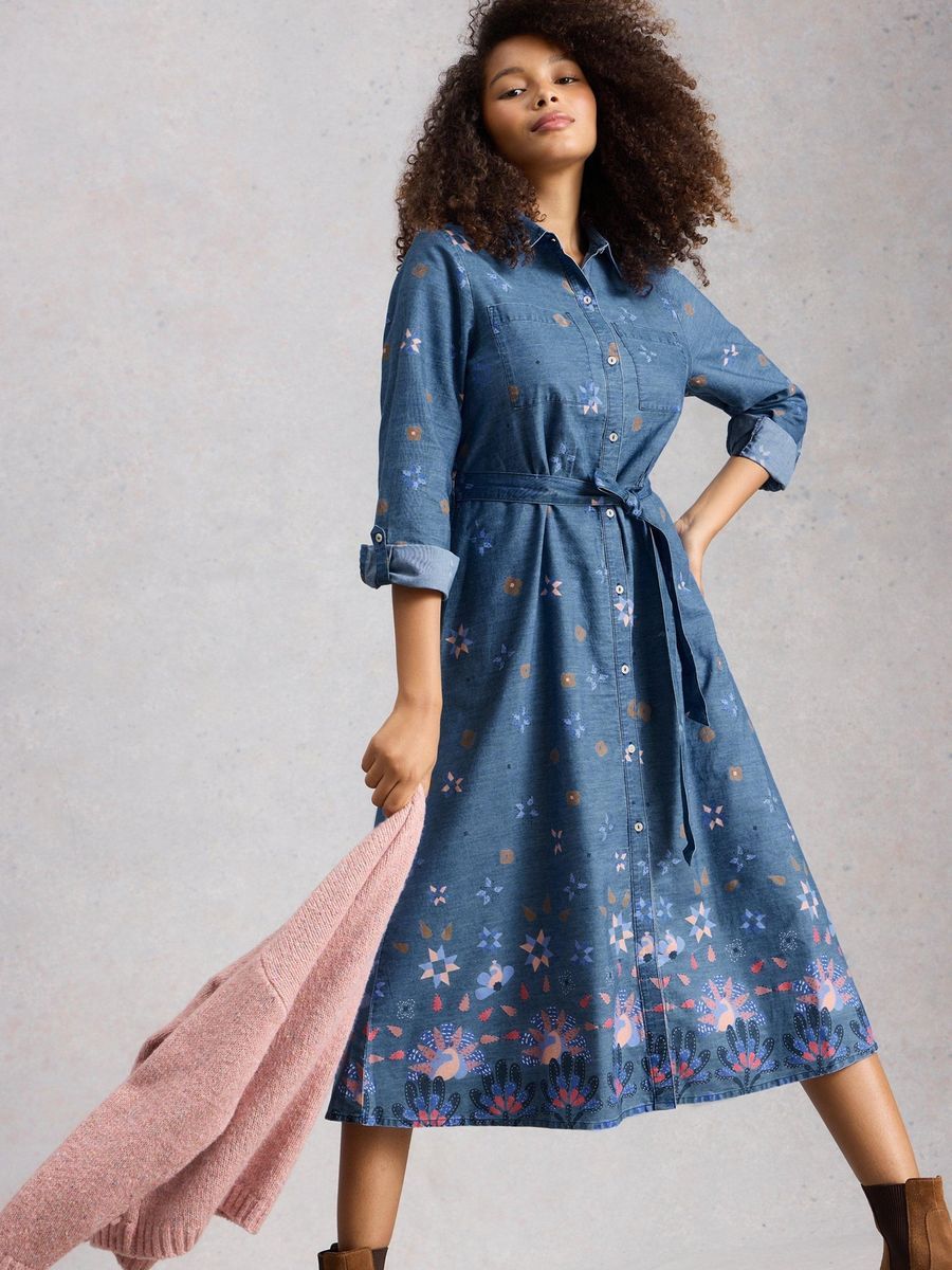 Jeans-Midikleid mit Blumenmuster
