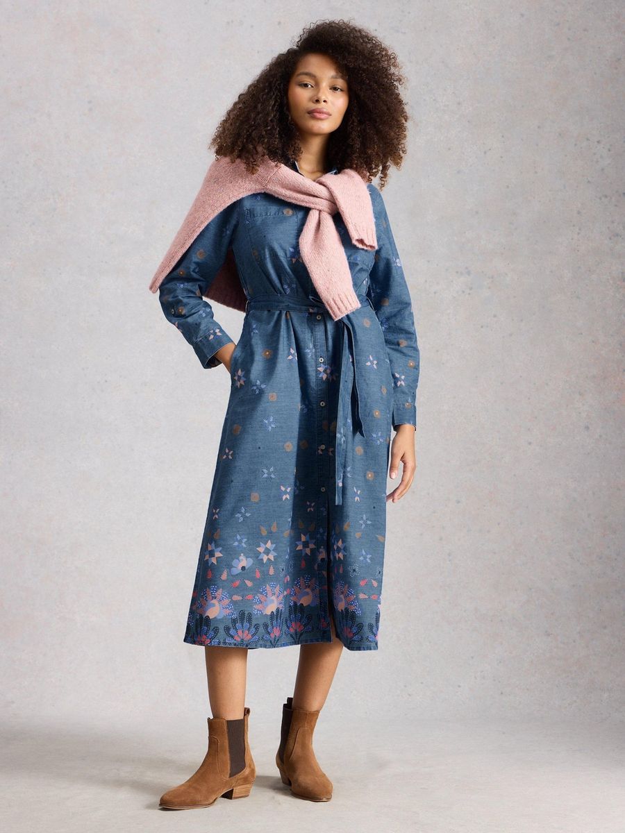 Jeans-Midikleid mit Blumenmuster