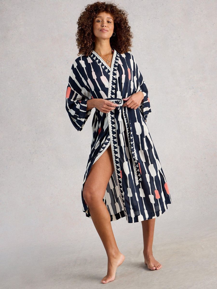 Kimono aus Baumwolle mit Print und Borte