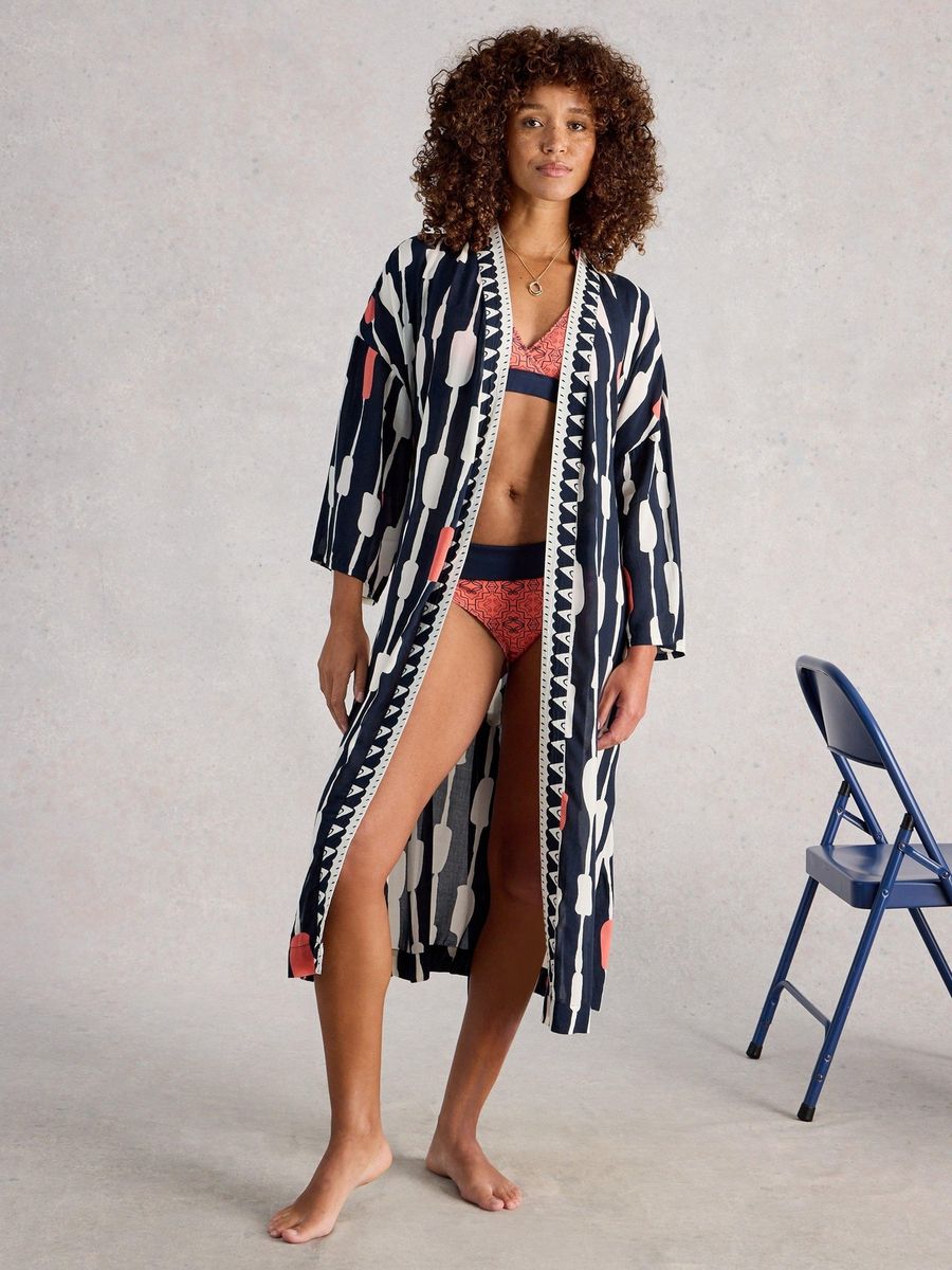 Kimono aus Baumwolle mit Print und Borte