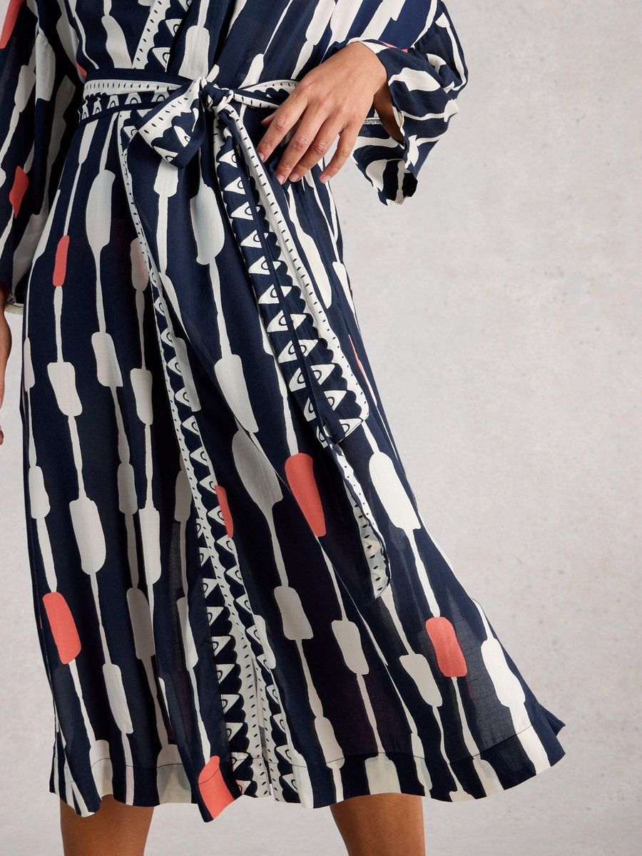 Kimono aus Baumwolle mit Print und Borte