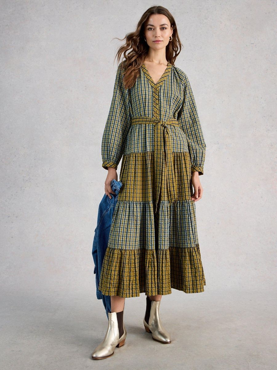 Gestreiftes Midi-Stufenkleid mit Gürtel