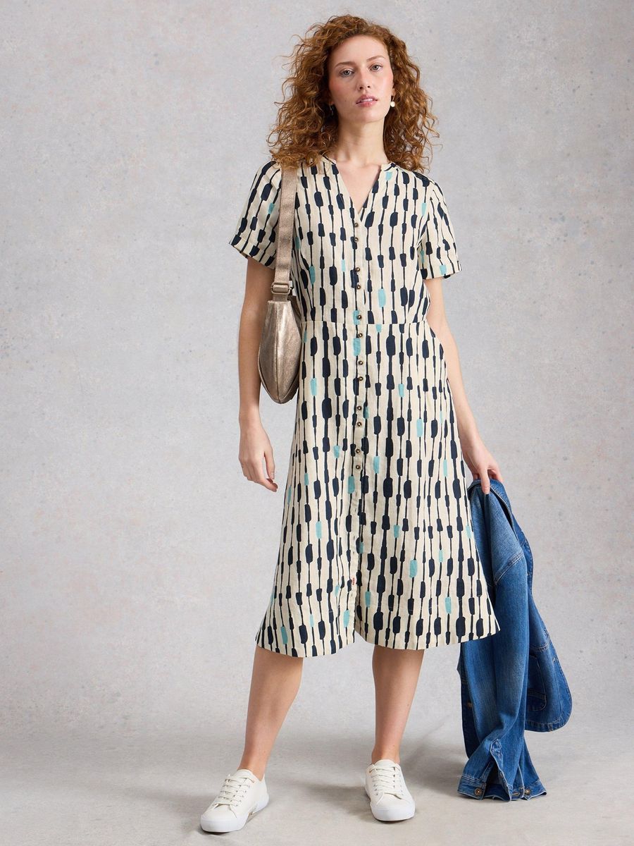 Leinen-Midikleid mit abstraktem Druck