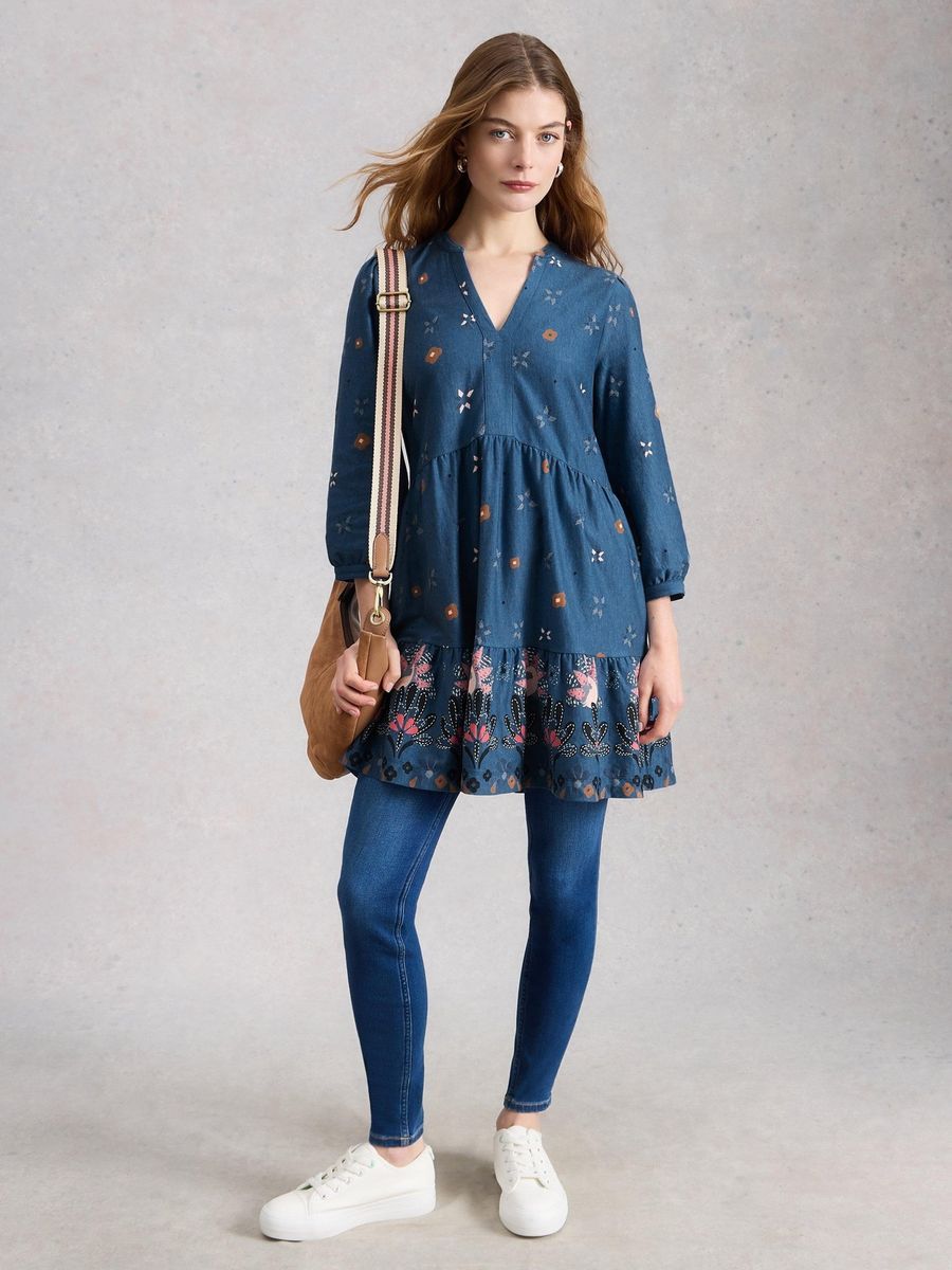 Tunika Kleid in Denim-Optik mit Blumendruck