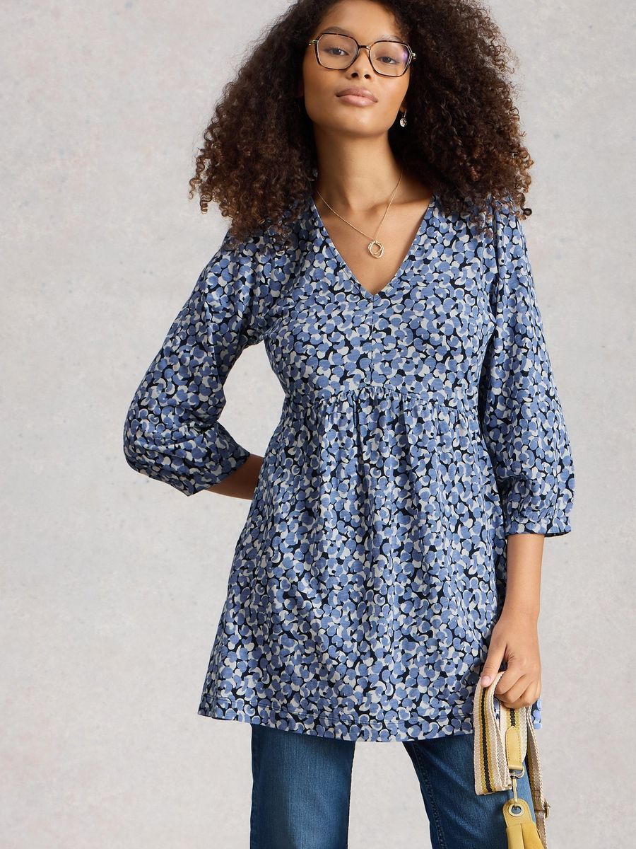 Blaue Jersey-Tunika mit Blumenmuster