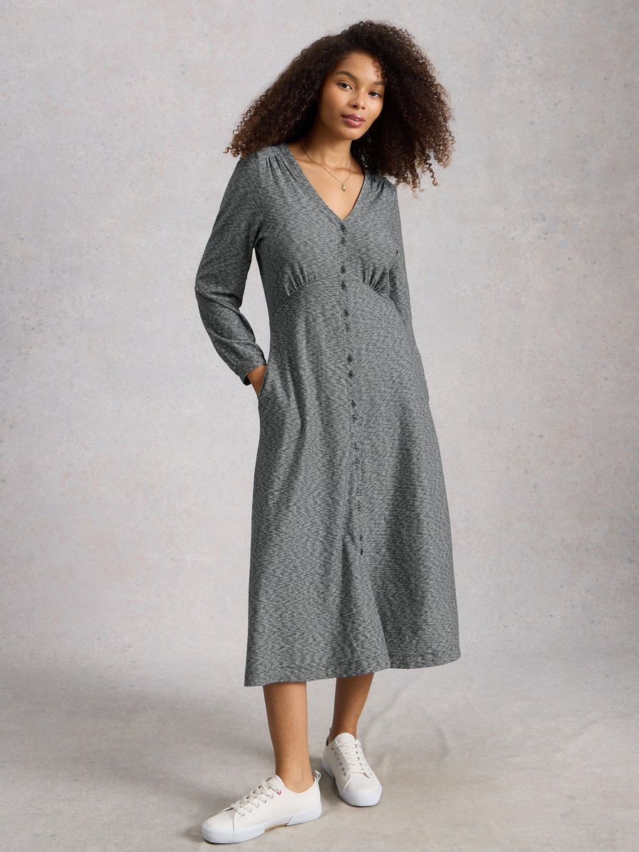 Jersey-Strick-Midikleid mit Knopfleiste
