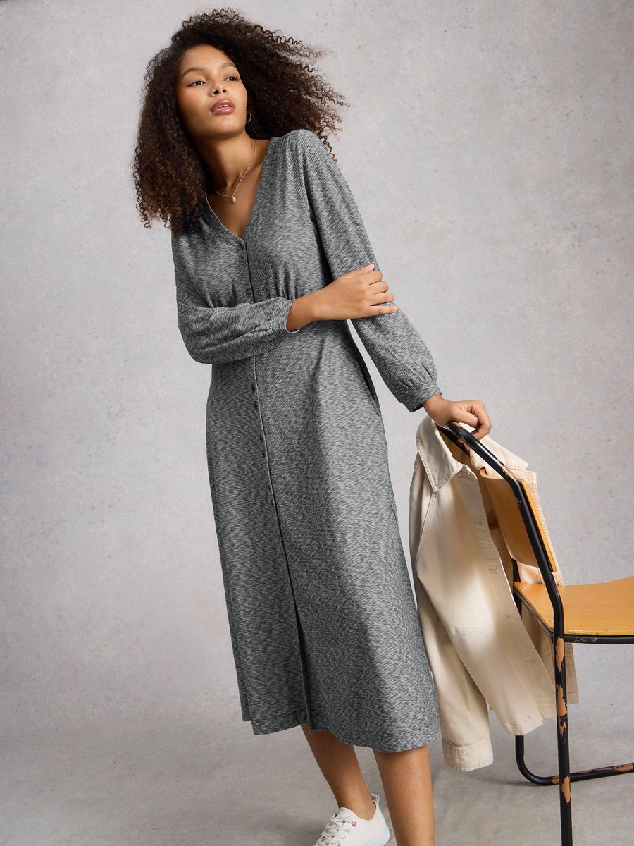 Jersey-Strick-Midikleid mit Knopfleiste
