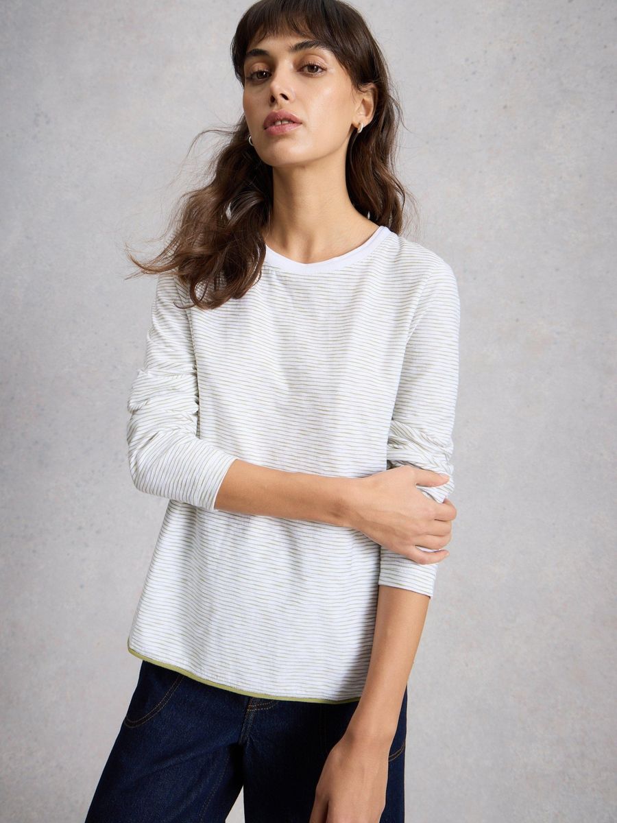 Gestreiftes Langarm Baumwoll T-Shirt