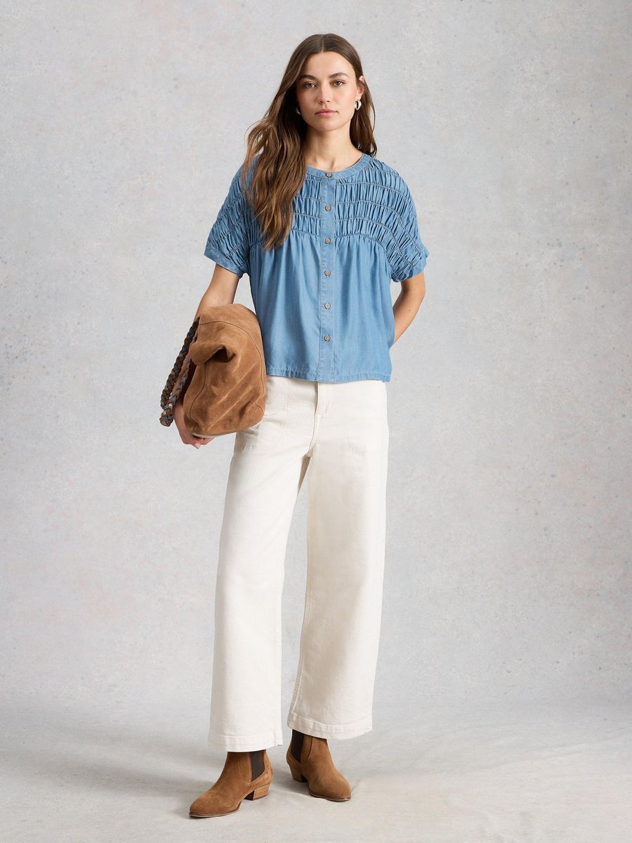 Gerafftes Chambray-Knopfleistentop