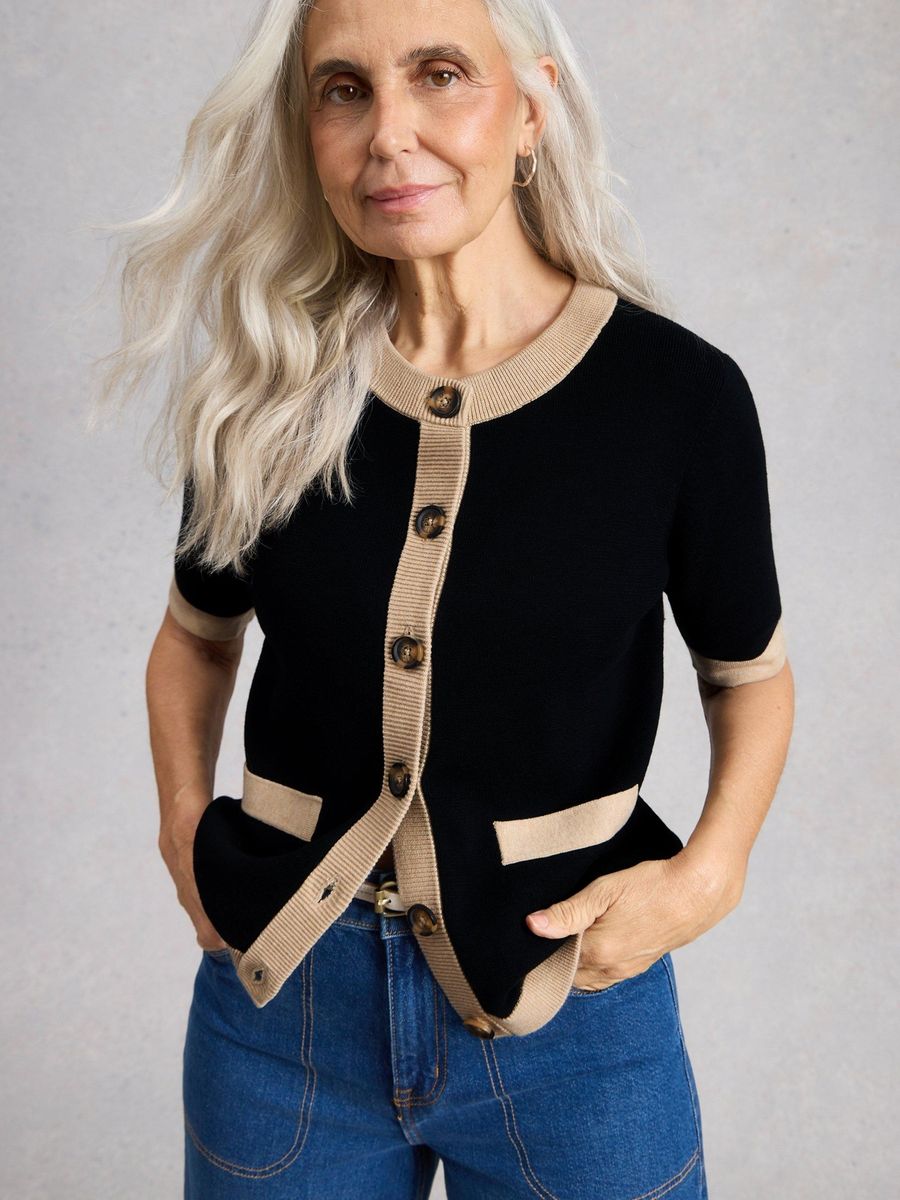 Klassische Kurzarm-Strickjacke mit Kontrast
