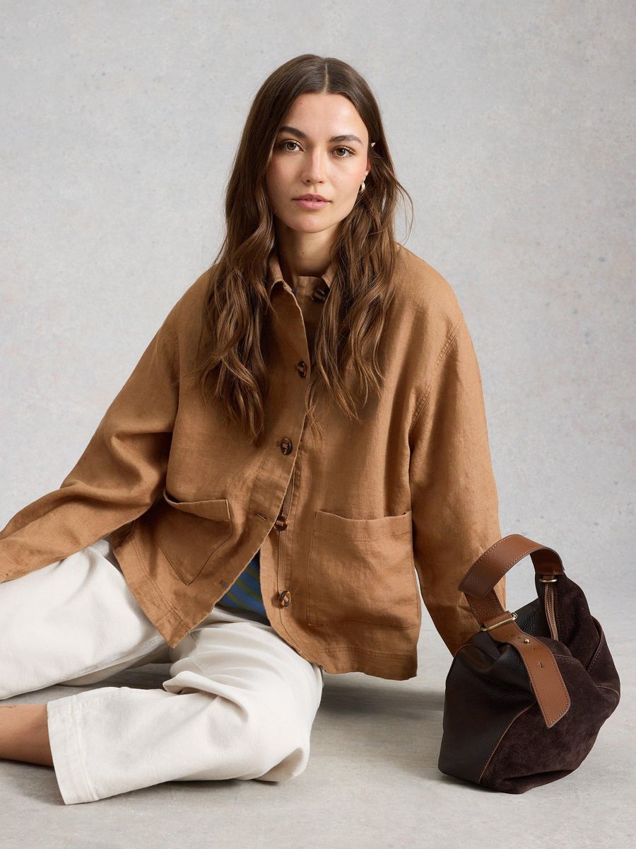 Leinen Arbeitsjacke mit aufgesetzten Taschen