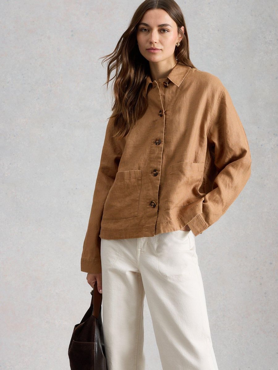 Leinen Arbeitsjacke mit aufgesetzten Taschen