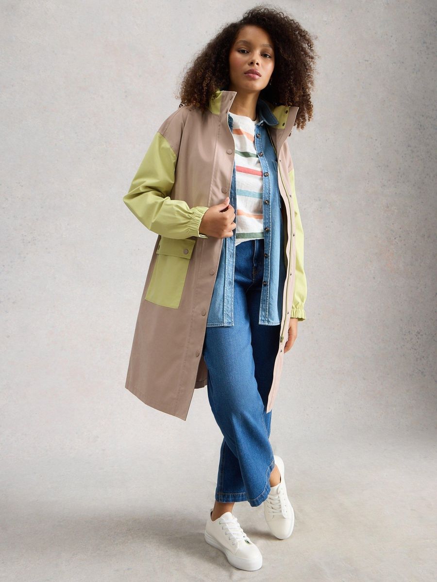 Lange Colorblock Regenjacke mit Taschen