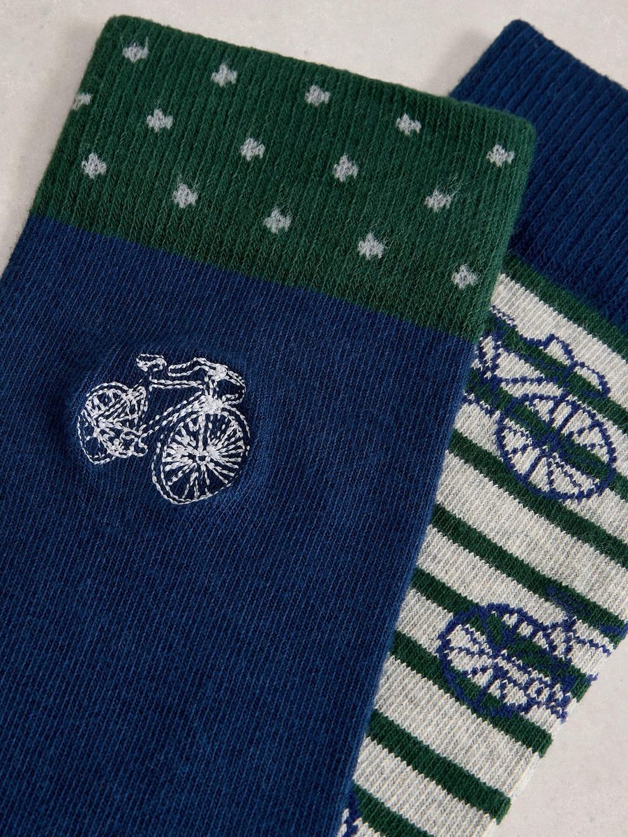 Gestreifte Socken mit Fahrrad-Motiv