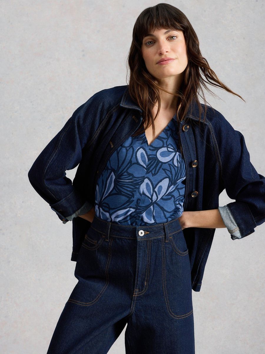 Blumenmuster V-Ausschnitt Baumwoll-T-Shirt