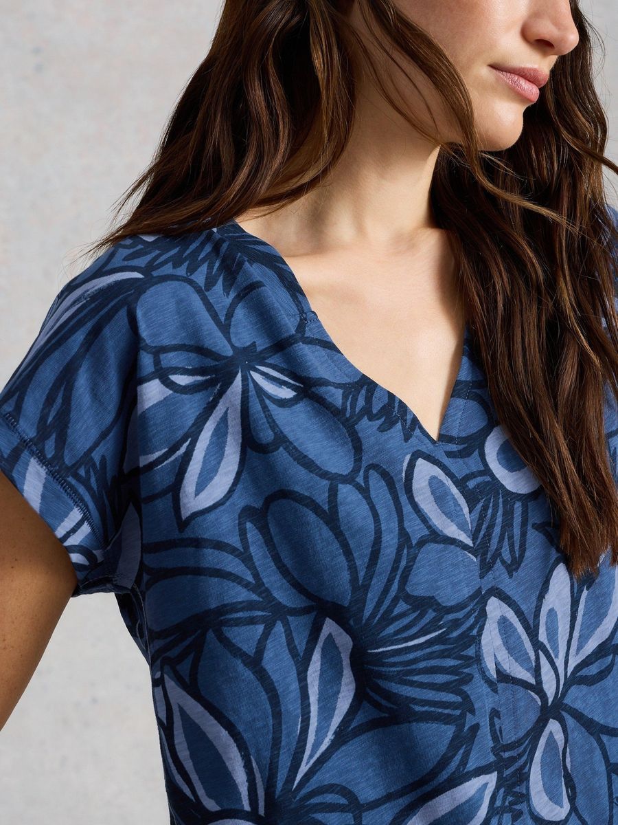 Blumenmuster V-Ausschnitt Baumwoll-T-Shirt