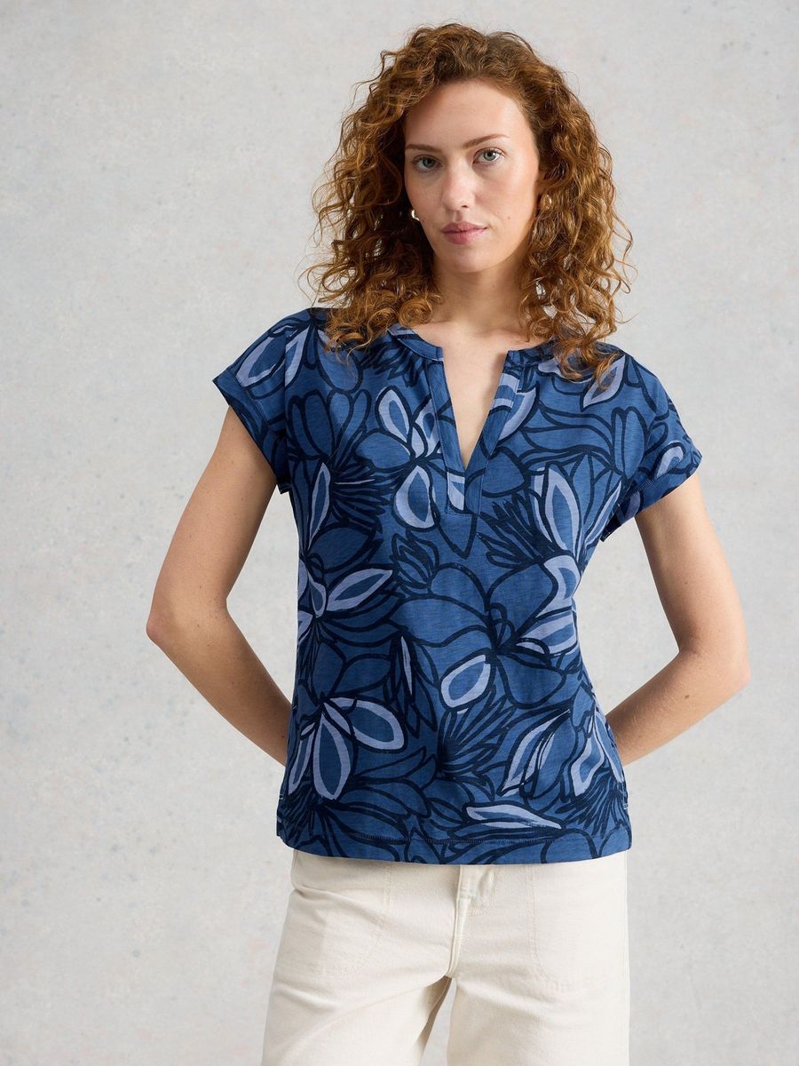 Blaues Baumwoll-T-Shirt mit Blumendruck