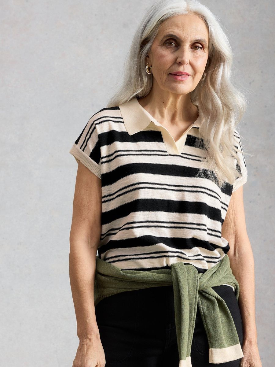 Gestreiftes Strickpolo Kurzarm Top