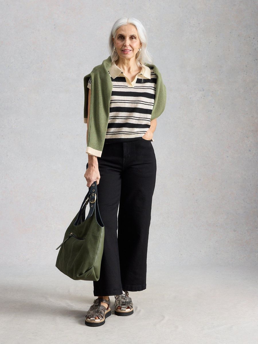 Gestreiftes Strickpolo Kurzarm Top