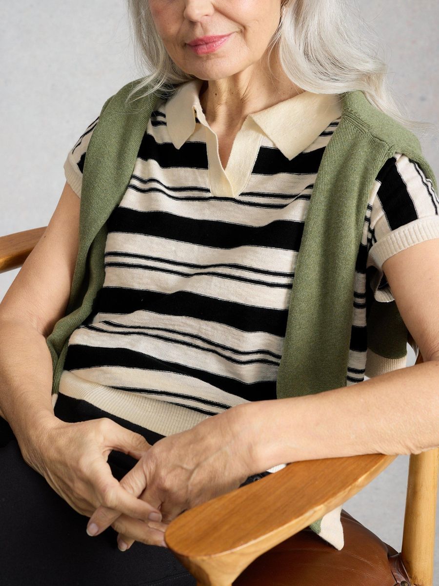 Gestreiftes Strickpolo Kurzarm Top