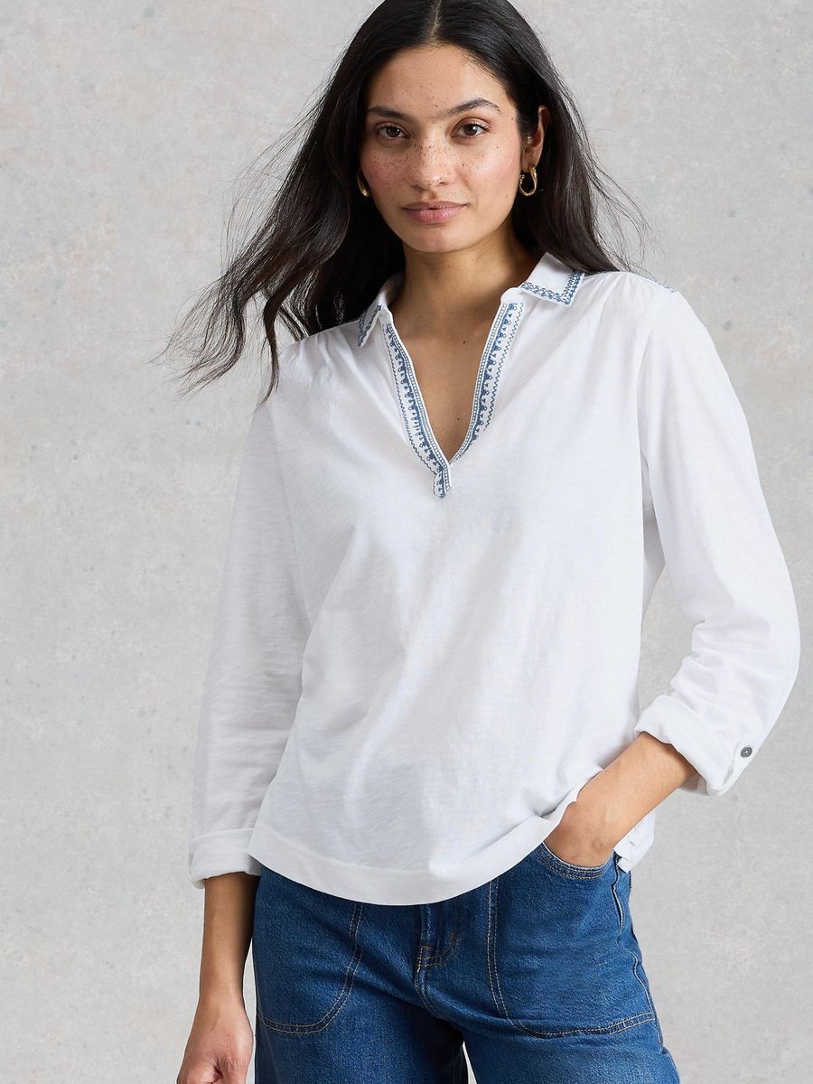 Jerseybluse aus bestickter Baumwolle