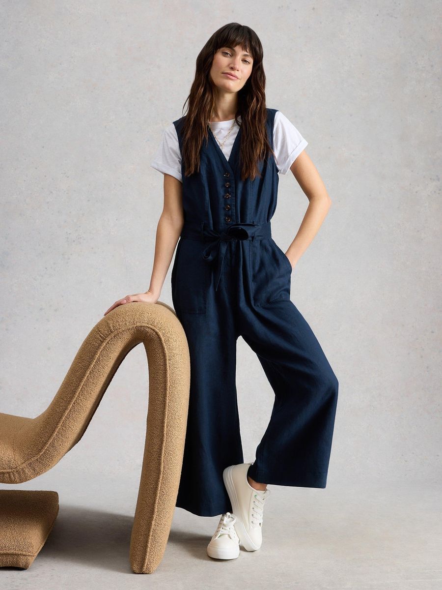 Damen Leinen Jumpsuit mit Gürtel und weitem Bein