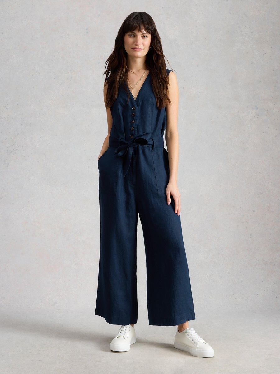 Damen Leinen Jumpsuit mit Gürtel und weitem Bein