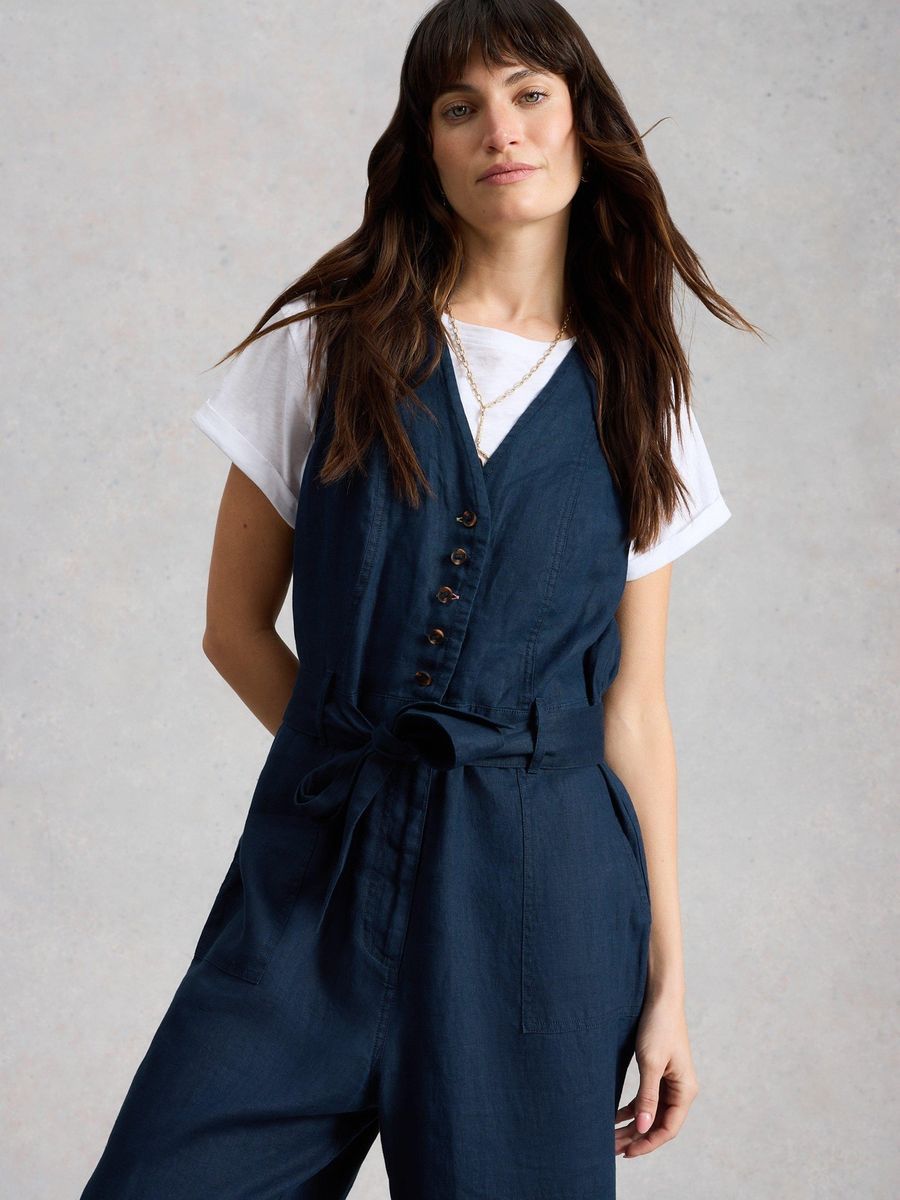 Damen Leinen Jumpsuit mit Gürtel und weitem Bein