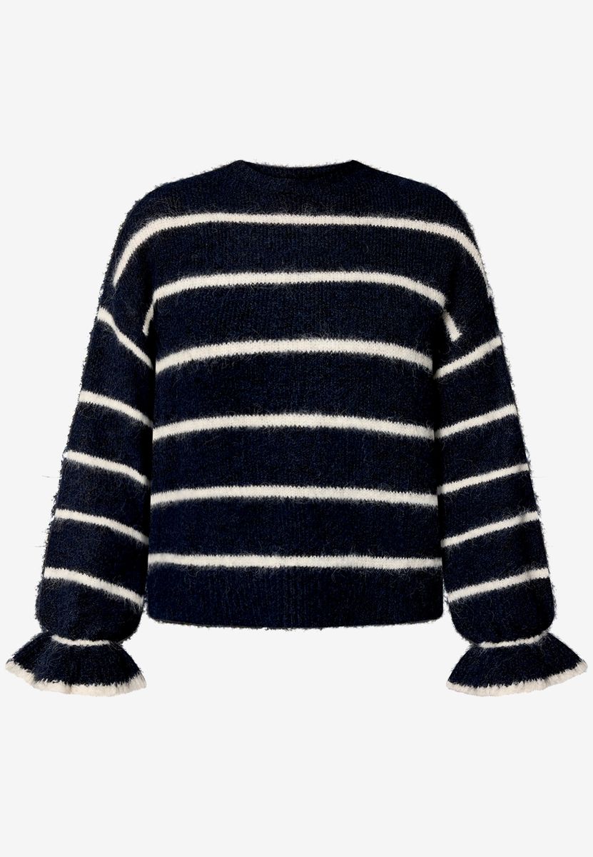 Gestreifter Flauschstrickpullover mit Volant-Details