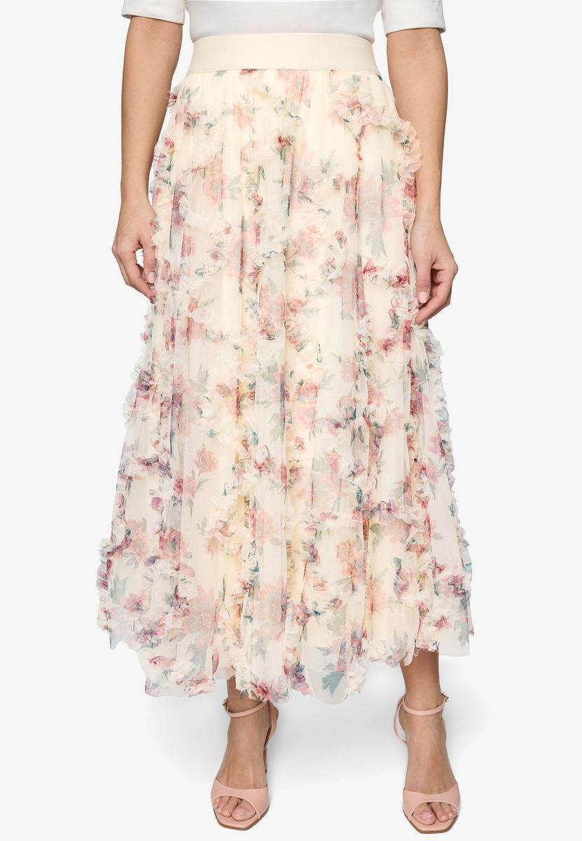 Midirock aus Tüll mit Blumenmuster und Rüschen