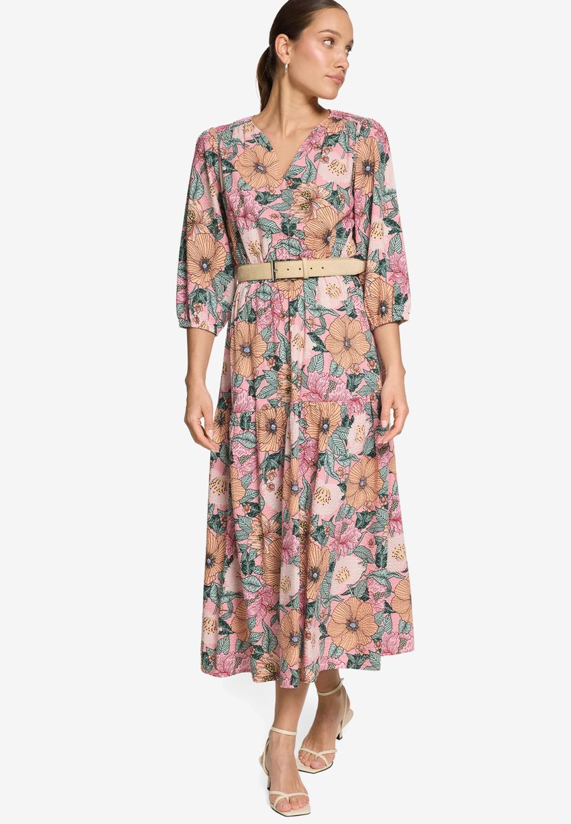 Geblümtes Midikleid mit Gürtel