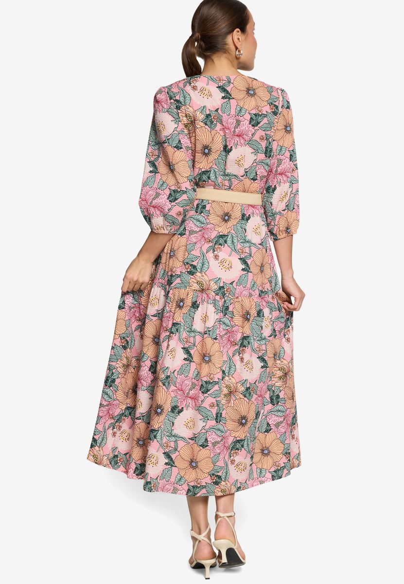 Geblümtes Midikleid mit Gürtel