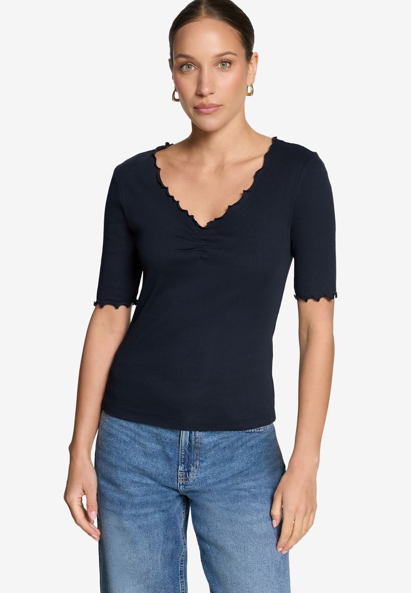 Ripp-Shirt mit Wellensaum und V-Ausschnitt